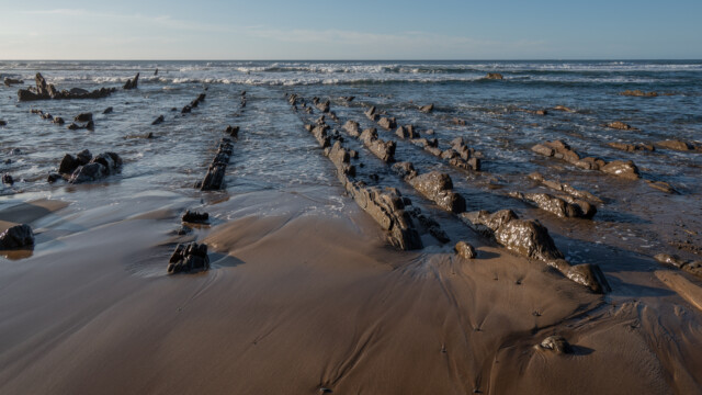 Flysch knapp über dem Wasser, sieht aus wie ein Drachenrücken