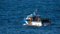 an der Leine quer zum Boot werden die Körbe raus und rein gehievt