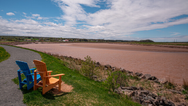 das Flussbett bei Niedrigwasser, man beachte die Sandbank auf der rechten Seite