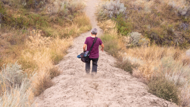 der ziemlich steile und sandige Wanderweg; nach unten geht es leicht, man rutscht durch den Sand;