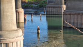 hier zwischen Brückenpfeilern