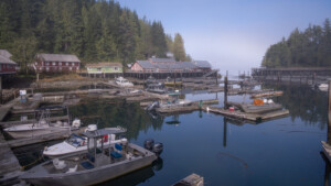 viel beworbener Hafen von Telegraph Cove mit Häusern auf Pfählen