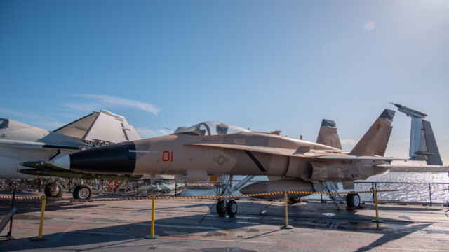 eine F/A-18 Hornet mit hochgeklappten Flügelspitzen