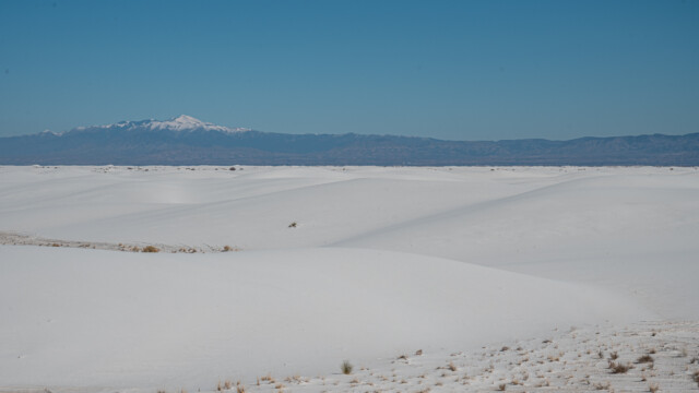 weisser Sand und
schneebedeckter Sierra Blanca Peak im Hintergrund