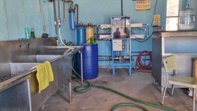 das Wasser wird zuerst gereinigt (agua purificada)